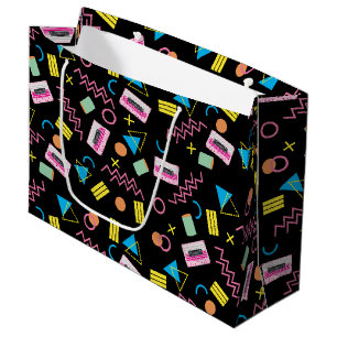 Black Colorful Eighties 80's Retro Pattern Large Gift Bag