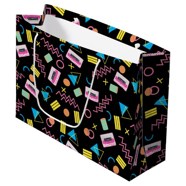 Black Colorful Eighties 80's Retro Pattern Large Gift Bag (Front Angled)