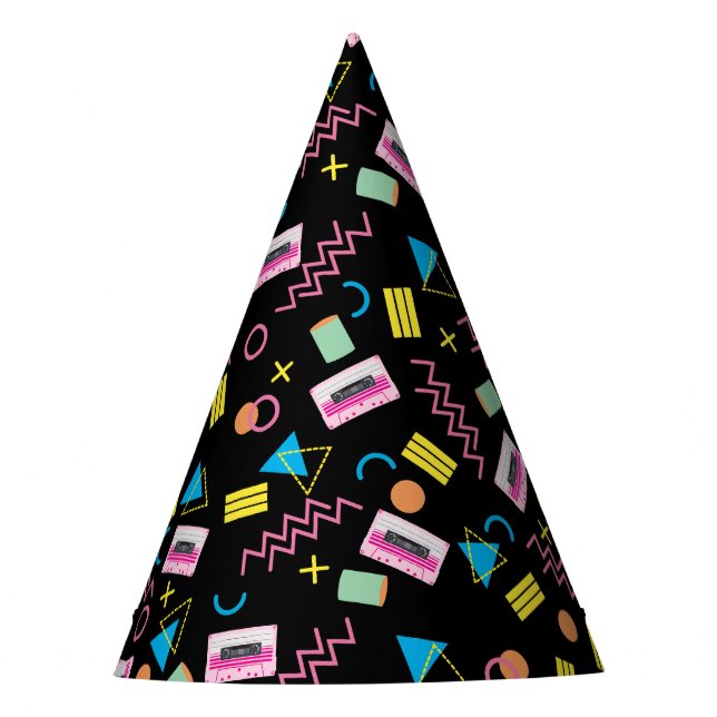 Black Colorful Eighties 80's Retro Pattern Party Hat (Front)