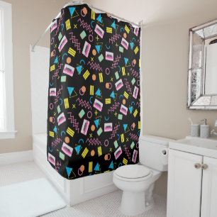 Black Colorful Eighties 80's Retro Pattern Shower Curtain