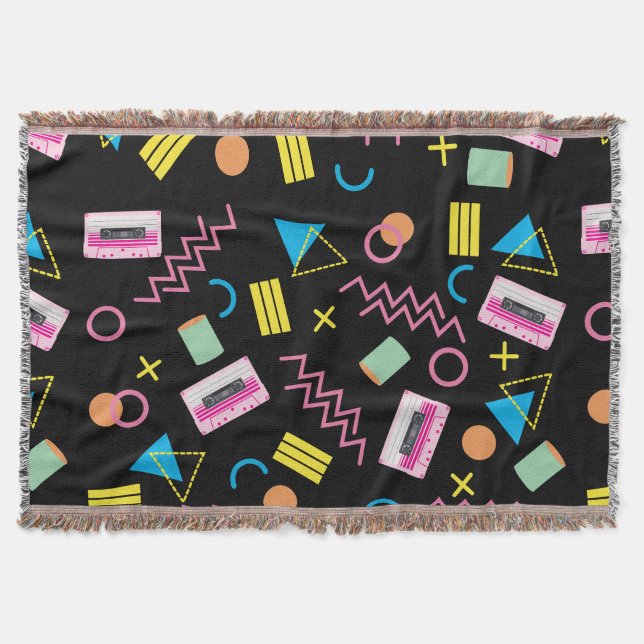 Black Colorful Eighties 80's Retro Pattern Throw Blanket (Front)