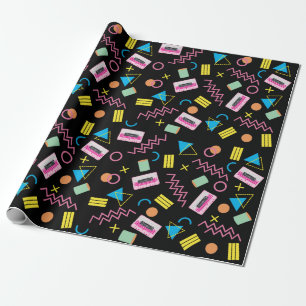 Black Colorful Eighties 80's Retro Pattern Wrapping Paper