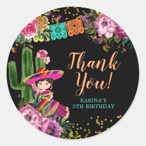 Black Colorful Fiesta Floral Birthday Thank You Classic Round Sticker