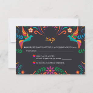 Black Colorful Floral Nuestra Boda Spanish Wedding RSVP Card