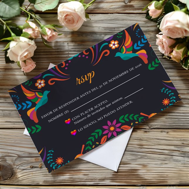 Black Colorful Floral Nuestra Boda Spanish Wedding RSVP Card (Black Colorful Floral Nuestra Boda Spanish Wedding RSVP Card)