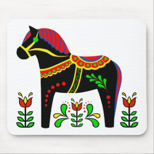 Black/colorful Folk Dala horse/black Friesian Mouse Pad