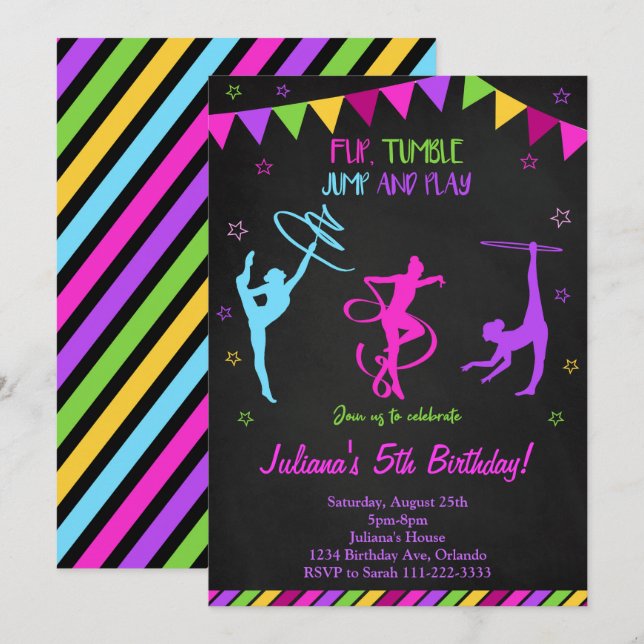 Black Colorful Gymnastic Birthday Invitation (Front/Back)