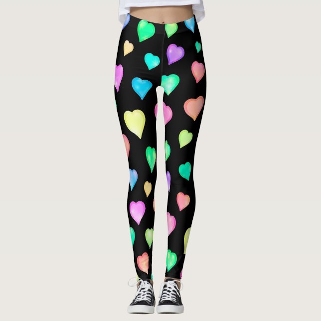 Black Colorful Hearts Pattern Leggings (Front)