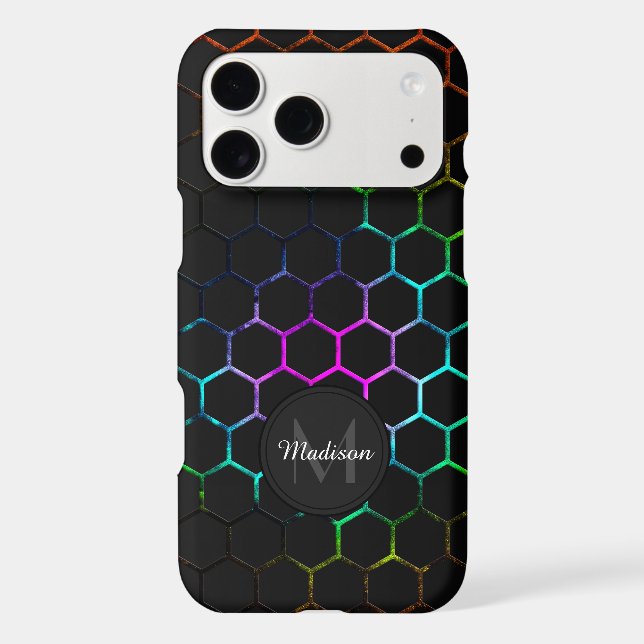 Black colorful honeycomb geometry pattern Monogram iPhone Case (Back)