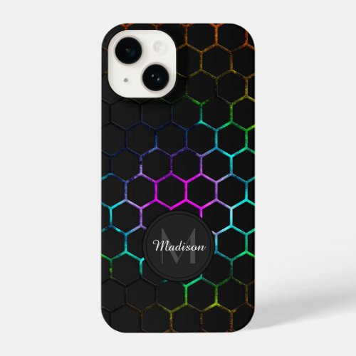Black colorful honeycomb geometry pattern Monogram iPhone 14 Case