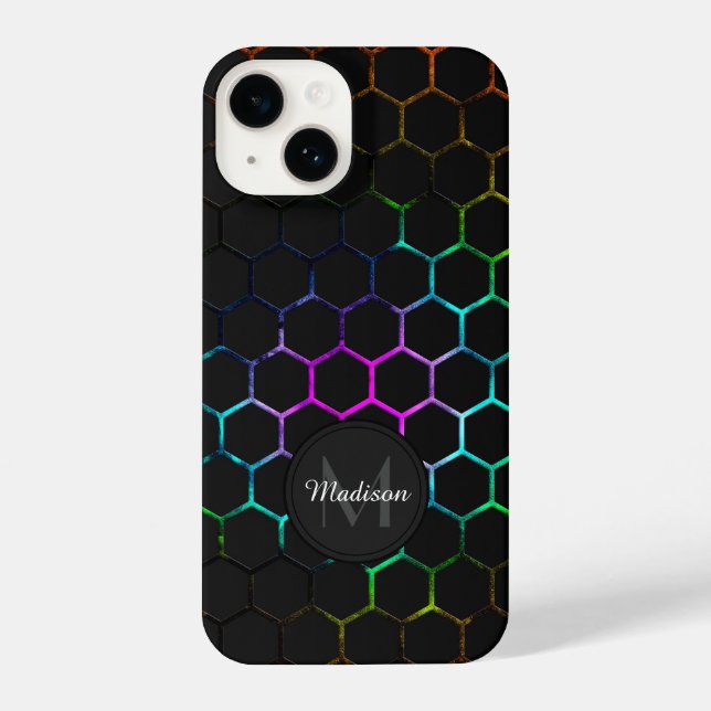 Black colorful honeycomb geometry pattern Monogram iPhone Case (Back)