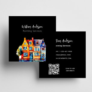 Black colorful houses QR code Square Business Card