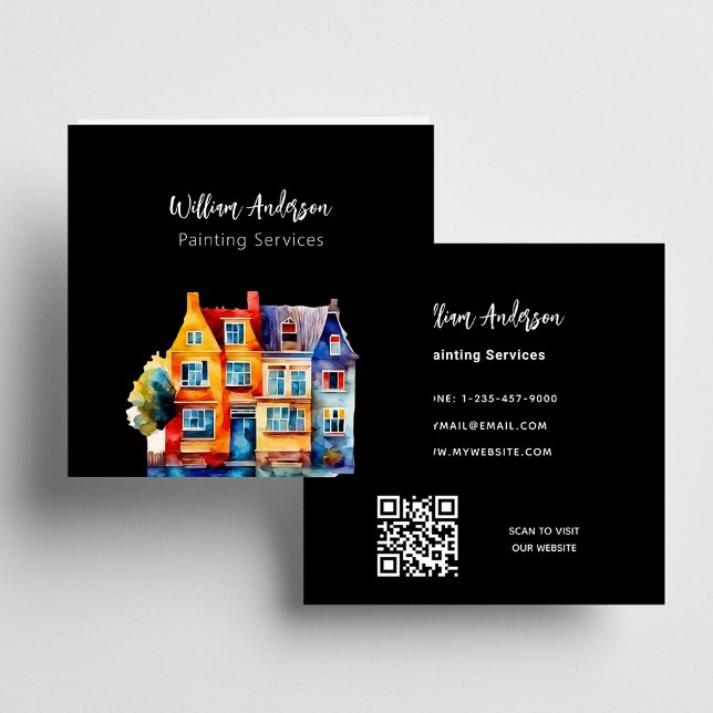 Black colorful houses QR code Square Business Card (Creator Uploaded)