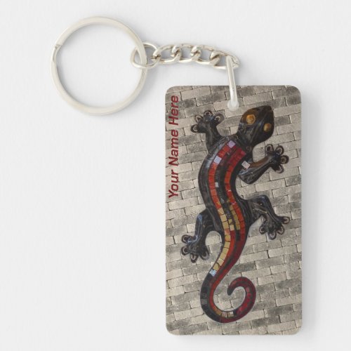 Black Colorful Lizard on Beige Wall with QR Code Keychain