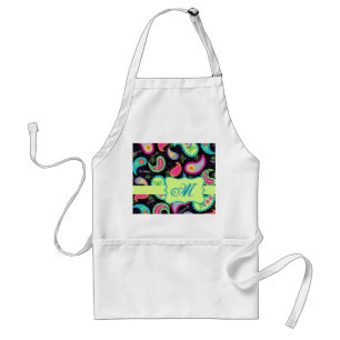 Black Colorful Modern Paisley Pattern Monogram Adult Apron