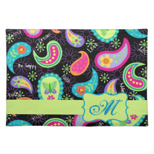 Black Colorful Modern Paisley Pattern Monogram Cloth Placemat