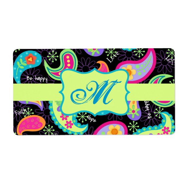 Black Colorful Modern Paisley Pattern Monogram Label (Front)