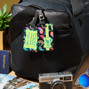 Black Colorful Modern Paisley Pattern Monogram Luggage Tag