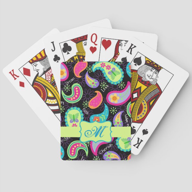 Black Colorful Modern Paisley Pattern Monogram Poker Cards (Back)