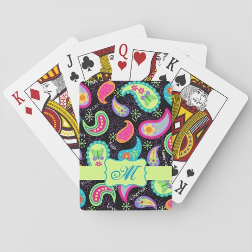 Black Colorful Modern Paisley Pattern Monogram Poker Cards