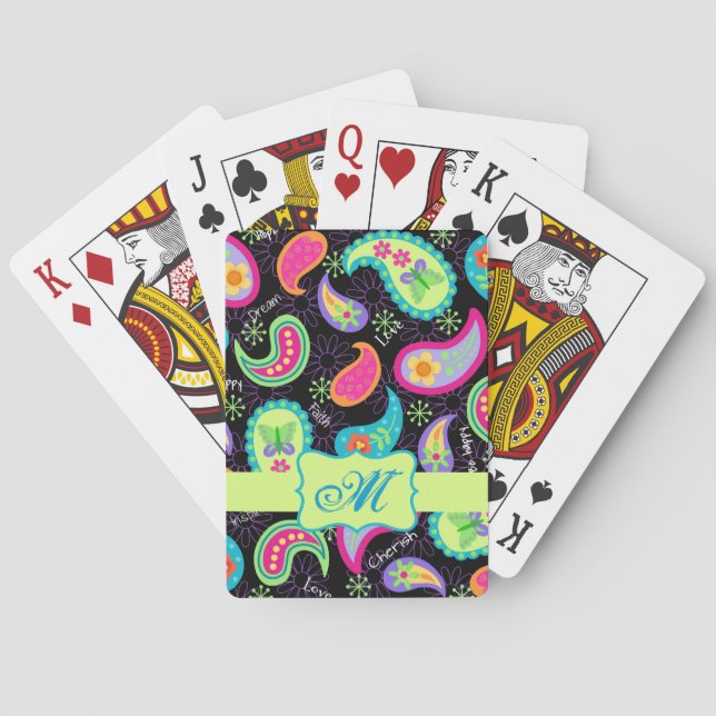 Black Colorful Modern Paisley Pattern Monogram Poker Cards (Back)