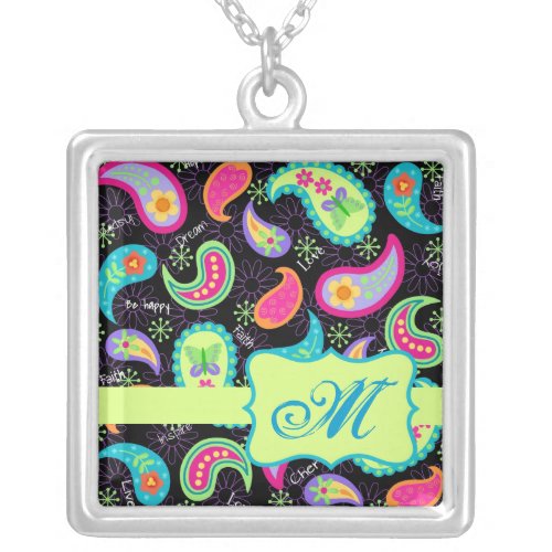 Black Colorful Modern Paisley Pattern Monogram Silver Plated Necklace