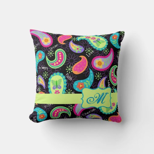 Black Colorful Modern Paisley Pattern Monogram Throw Pillow