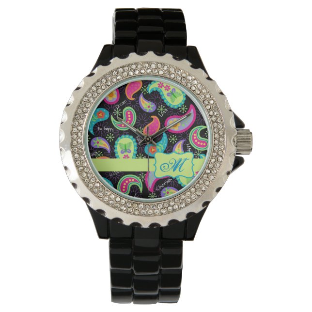 Black Colorful Modern Paisley Pattern Monogram Watch (Front)