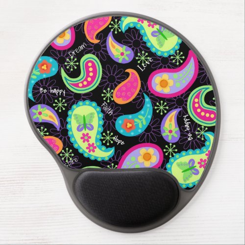 Black Colorful Modern Paisley Whimsy Pattern Gel Mouse Pad