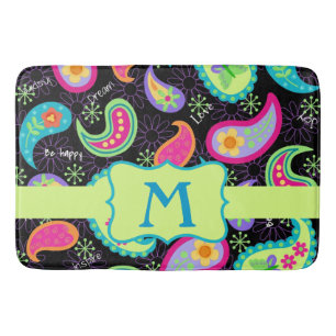 Black Colorful Monogram Modern Paisley Pattern Bath Mat