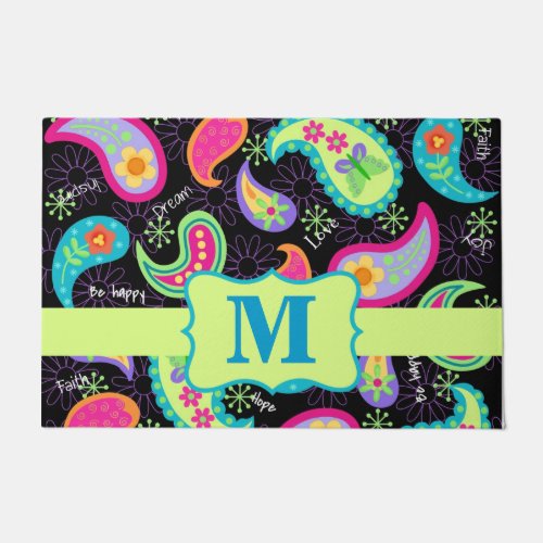 Black Colorful Monogram Modern Paisley Pattern Doormat