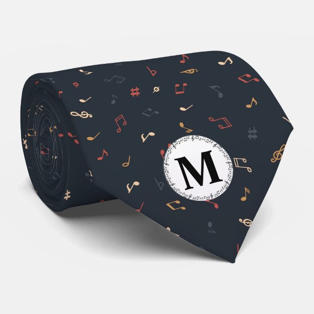 Black Colorful multicolor music note monogram Neck Tie (Rolled)