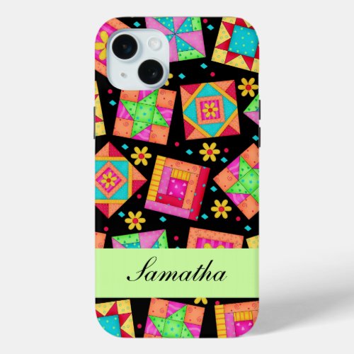 Black  Colorful Patchwork Quilt Block Custom iPhone 15 Plus Case