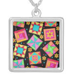 Black &amp; Colorful Quilt Patchwork Blocks Silver Plated Necklace at Zazzle