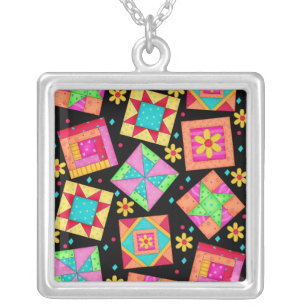 Black & Colorful Quilt Patchwork Blocks Silver Plated Necklace