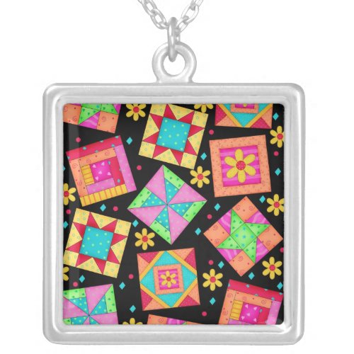 Black  Colorful Quilt Patchwork Blocks Silver Plated Necklace
