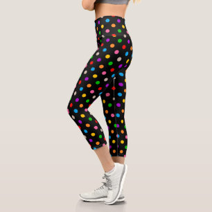 Black Colorful Rainbow Polka Dots Design Capri Leggings