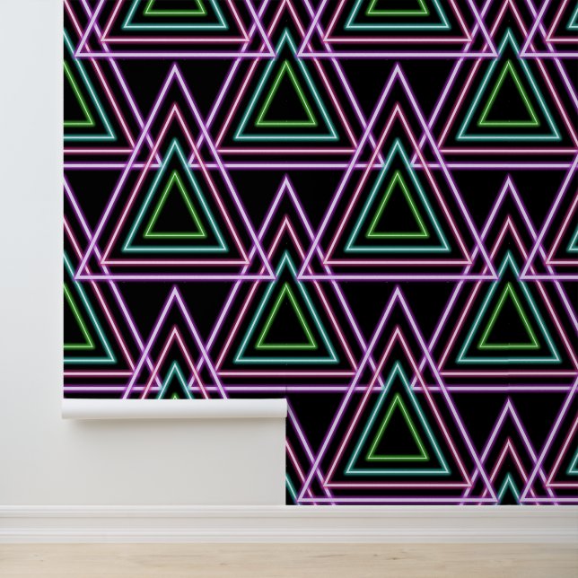 Black Colorful Retro 80's Neon Geometric Triangles Wallpaper (Application)