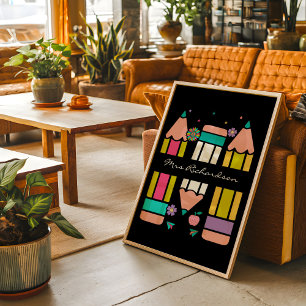 Black Colorful Teacher Cartoon Pencil Poster