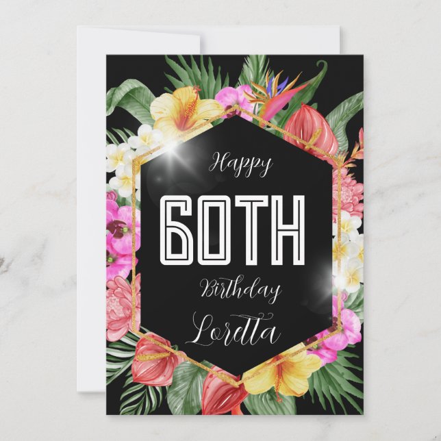 Black Colorful Tropical Flowers 60th Birthday Card (Front)