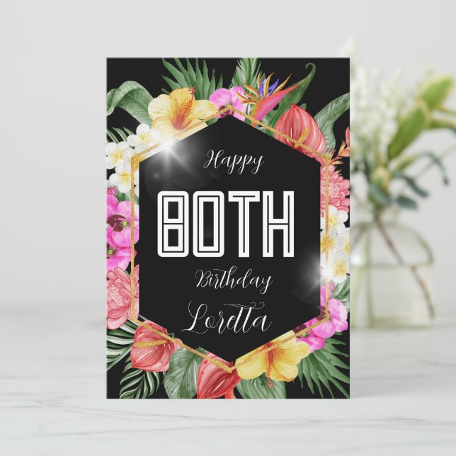 Black Colorful Tropical Flowers 80th Birthday Card (Standing Front)