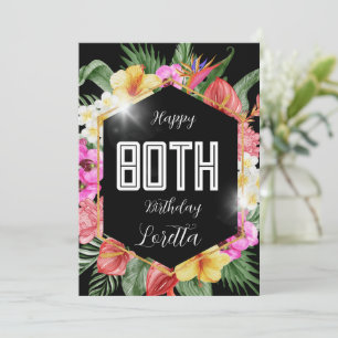 Black Colorful Tropical Flowers 80th Birthday Card