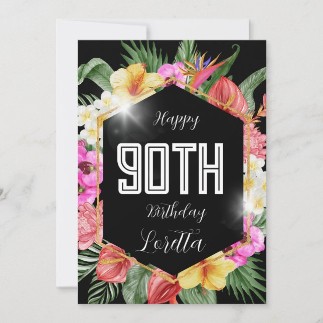 Black Colorful Tropical Flowers 90th Birthday Card (Front)
