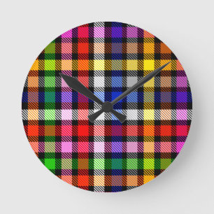 Black Colorful Twill Plaid Tartan Design Round Clock