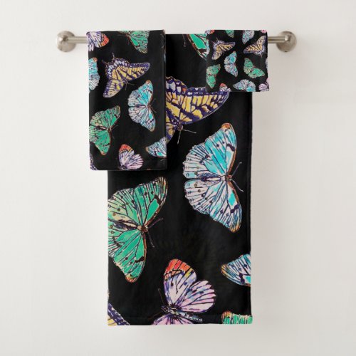 Black Colorful Watercolor Butterflies Bath Towel Set