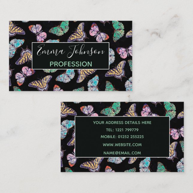 Black Colorful Watercolor Butterflies Business Card (Front/Back)