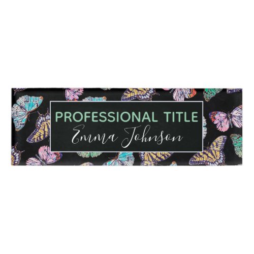 Black Colorful Watercolor Butterflies Name Tag
