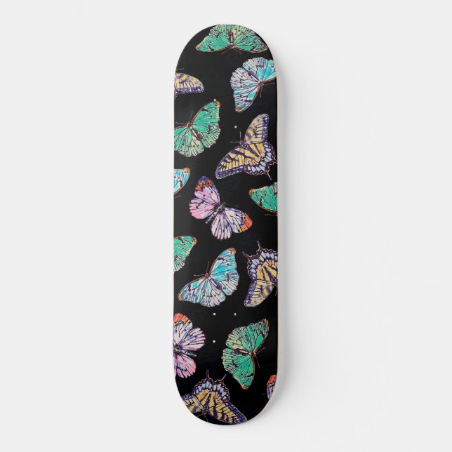 Black Colorful Watercolor Butterflies Skateboard (Front)