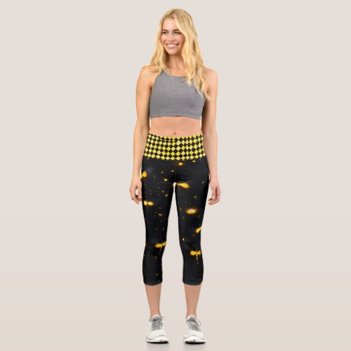 Black colour with yellow pattern High Waist Capris