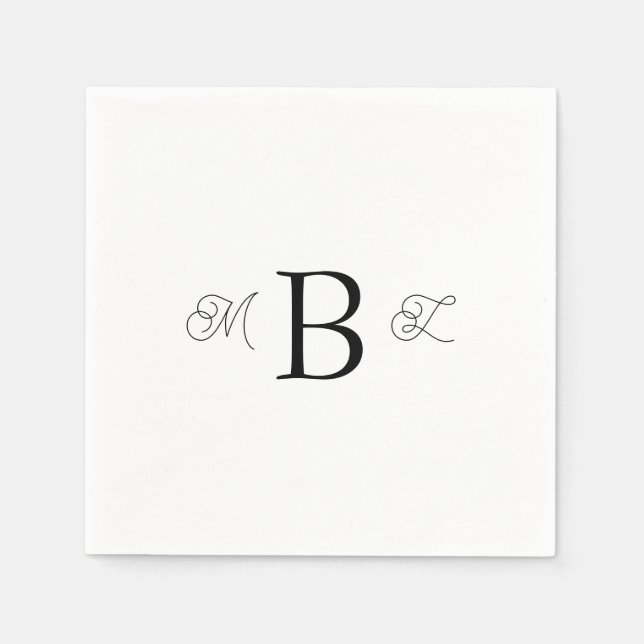 Black Combo Font Monogram White Wedding Cocktail  Napkins (Front)